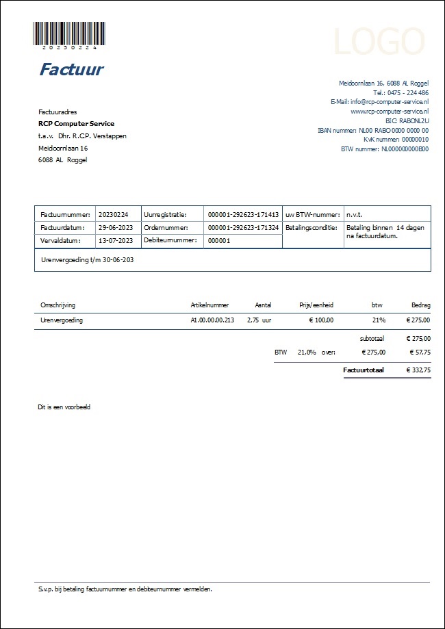 ILBS Urenregistratie - Factuur ILBS Urenregistratie Software